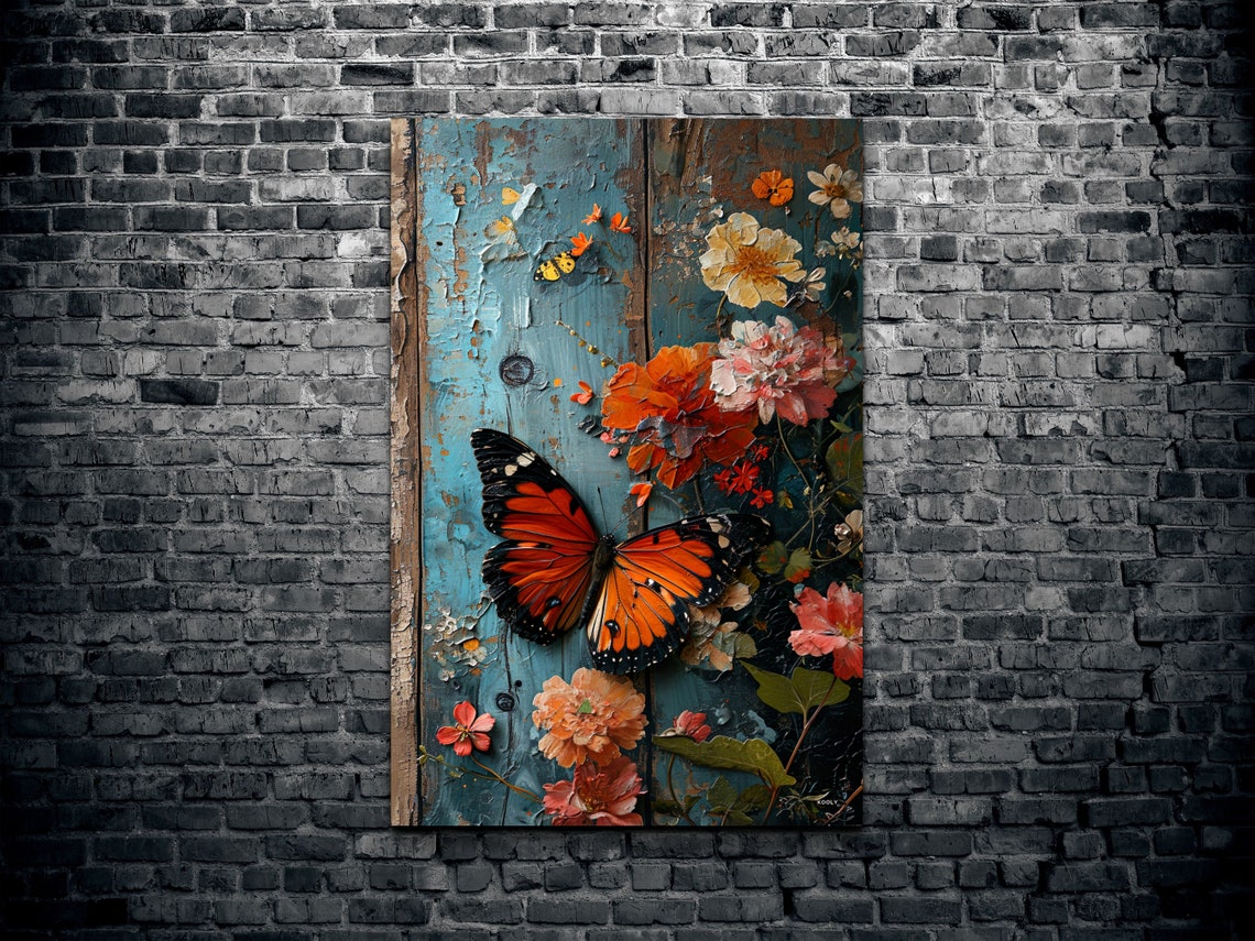 Monarch Butterfly Weathered Teal Wood Floral Garden Wall Art - Image 2