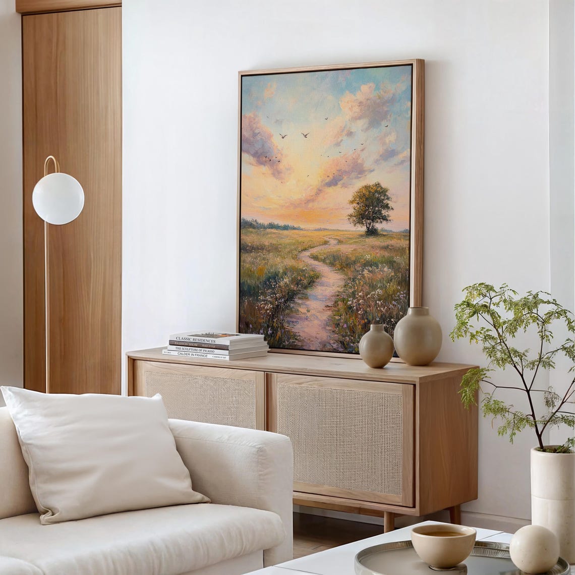 Serene Meadow Path At Sunset Vibrant Sky Birds Peaceful Art Poster - Image 5