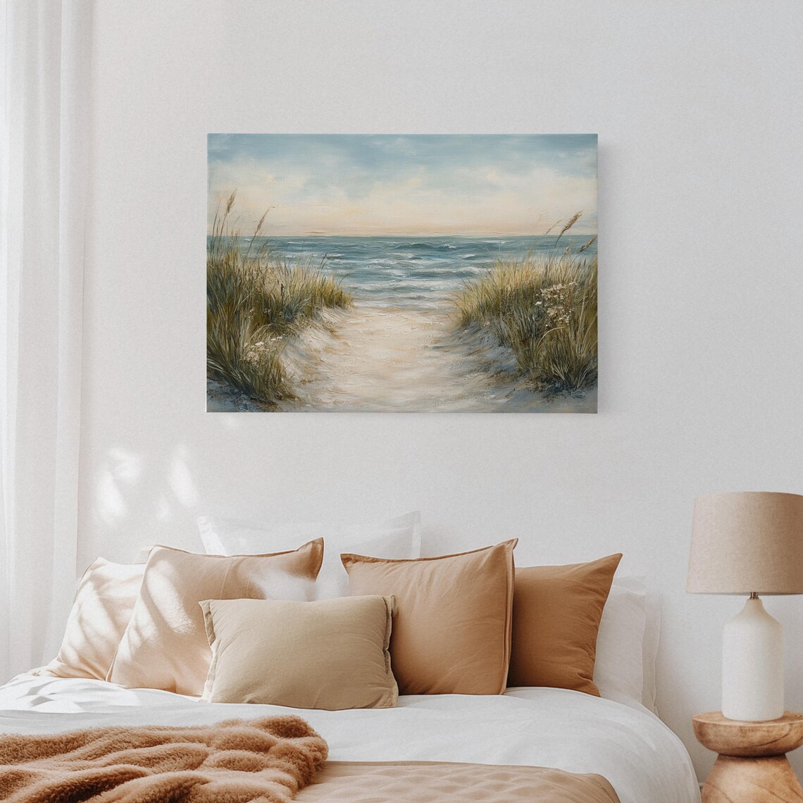 Coastal Beach Path, Soft Blue Seascape Oil Painting - Image 4