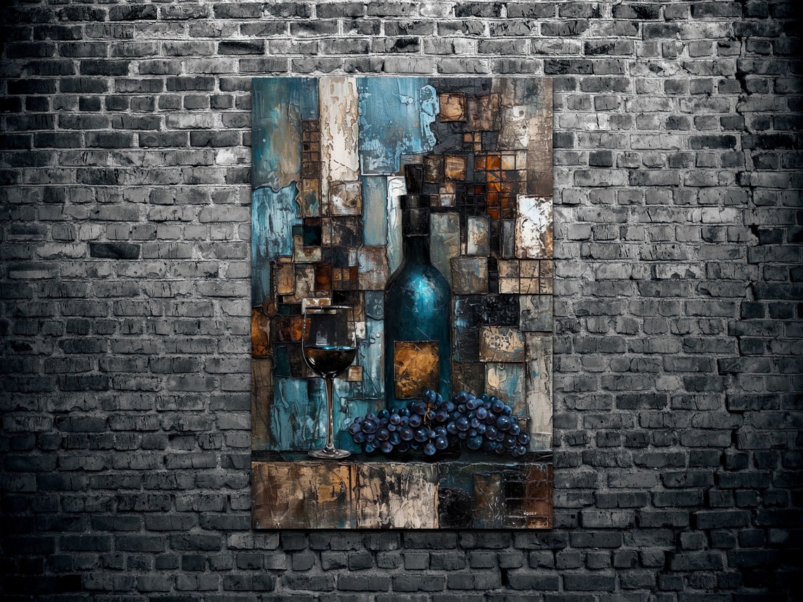 Blue Wine Bottle Glass Grapes Abstract Mosaic Still Life Poster - Image 2