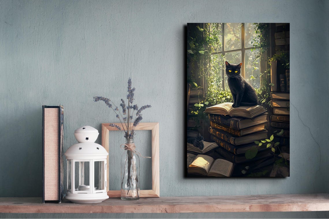 Black Cat with Golden Eyes on Stack of Old Books Window Poster - Image 4