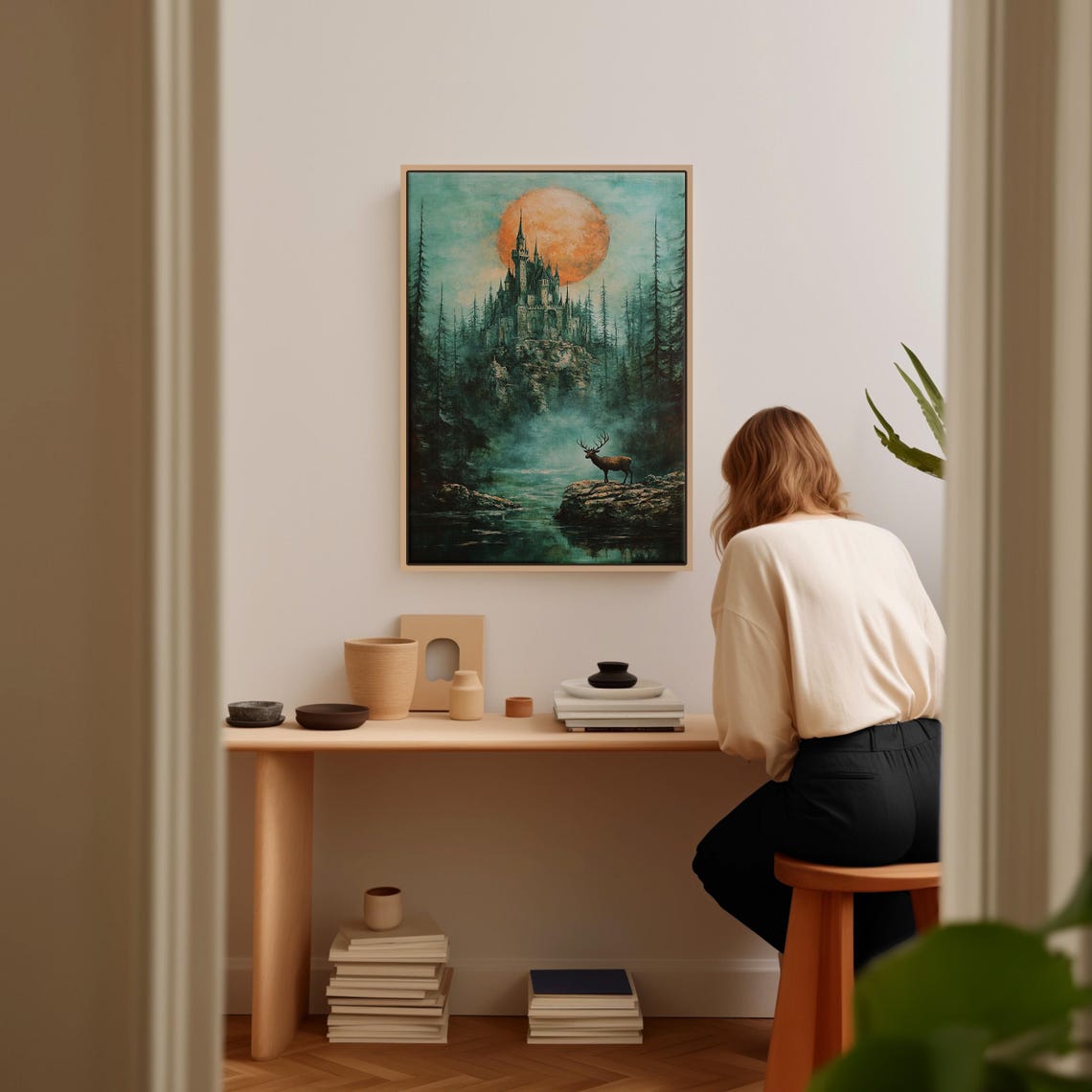 Enchanted Castle Under Orange Moon With Elk Fantasy Art Poster - Image 5