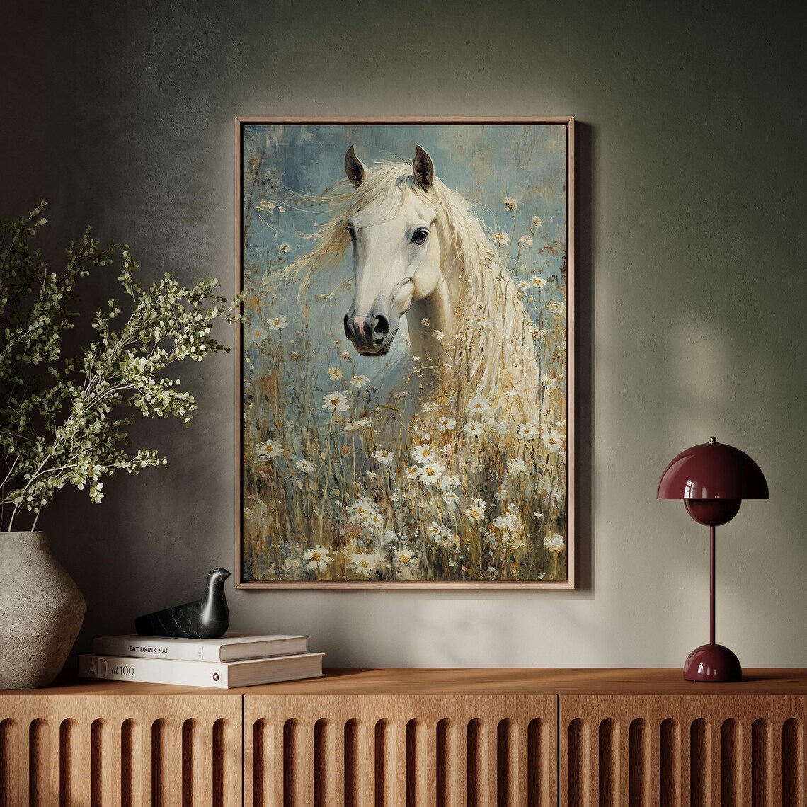 White Horse In Wildflower Meadow, Rustic Art Print - Image 7