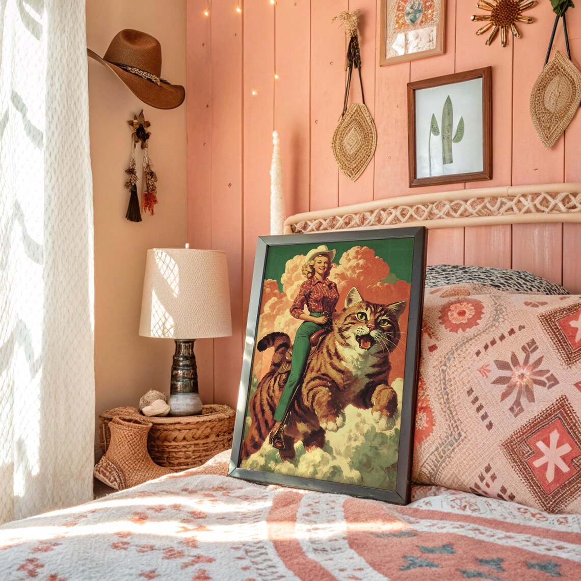 Cowgirl Riding Giant Cat, Surreal Art Print