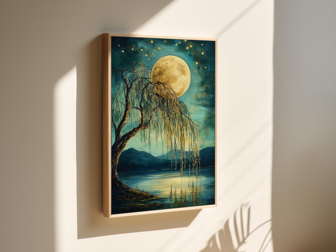 Moonlit Willow Tree, Serene Nature Wall Art - Image 5