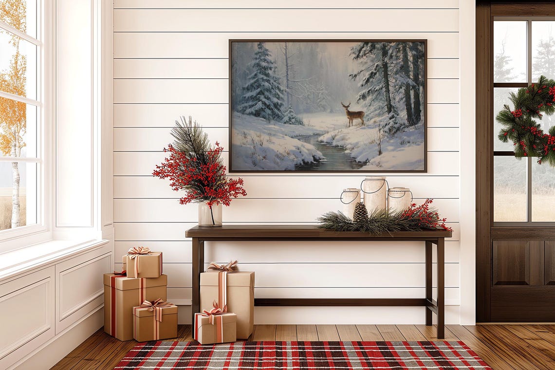 Winter Deer In Snowy Forest Stream Landscape