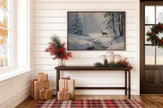 Winter Deer In Snowy Forest Stream Landscape