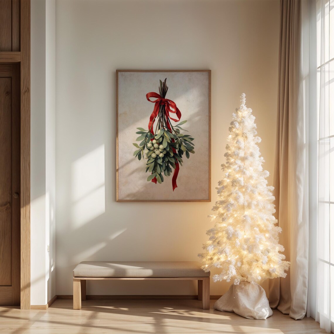 Vintage Mistletoe With Red Ribbon Art Print