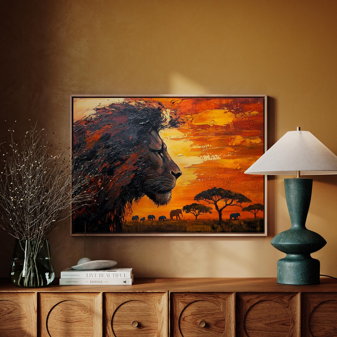 Majestic Lion Sunset African Wildlife Elephants Savannah Safari Poster