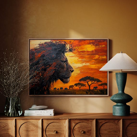 Majestic Lion Sunset African Wildlife Painting With Elephants And Savannah Scene Bold Safari Inspired Wall Art Decor