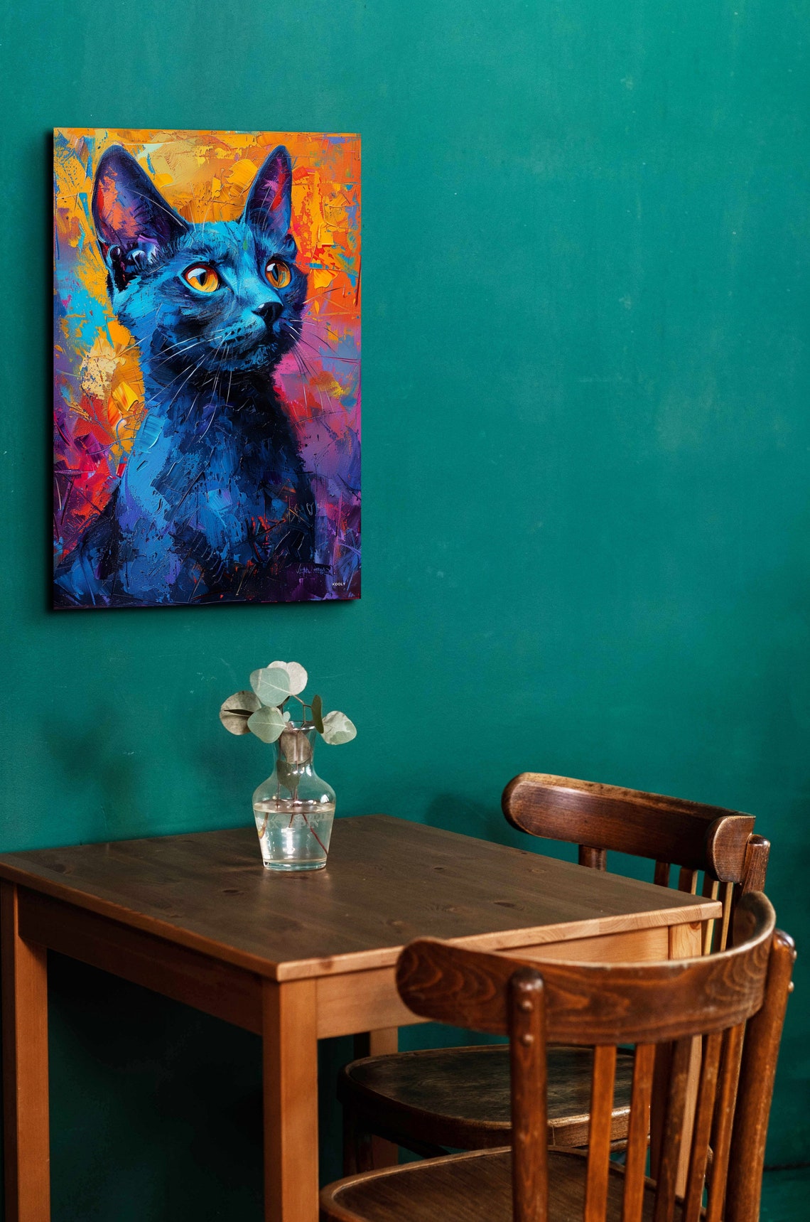 Colorful Blue Cat Portrait Pop Art on Orange Background Wall Art - Image 4
