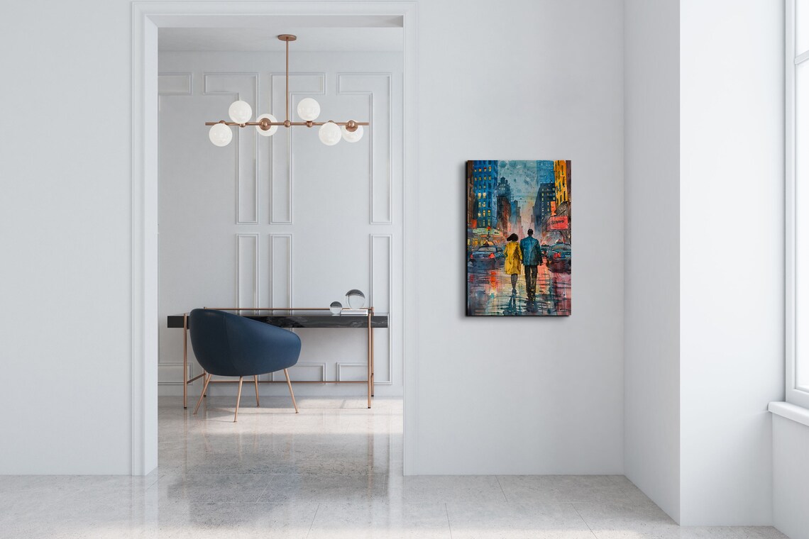 Romantic Couple In New York City Rain Watercolor Cityscape Wall Art - Image 6