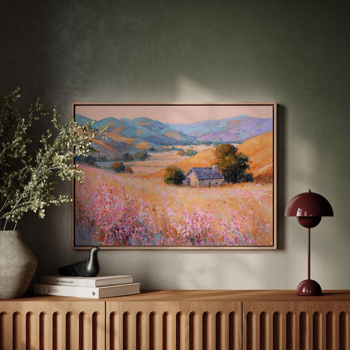 Rustic Countryside Cottage in Golden Wildflower Field Poster