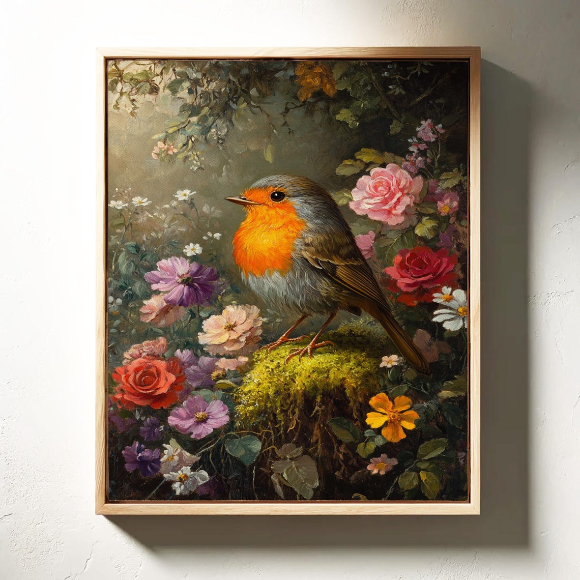European Robin Perched Moss Stump Vibrant Flower Garden Poster - Image 7