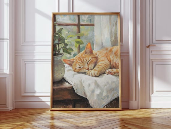 Sleeping Orange Tabby Cat, Vintage Oil Painting Art Print