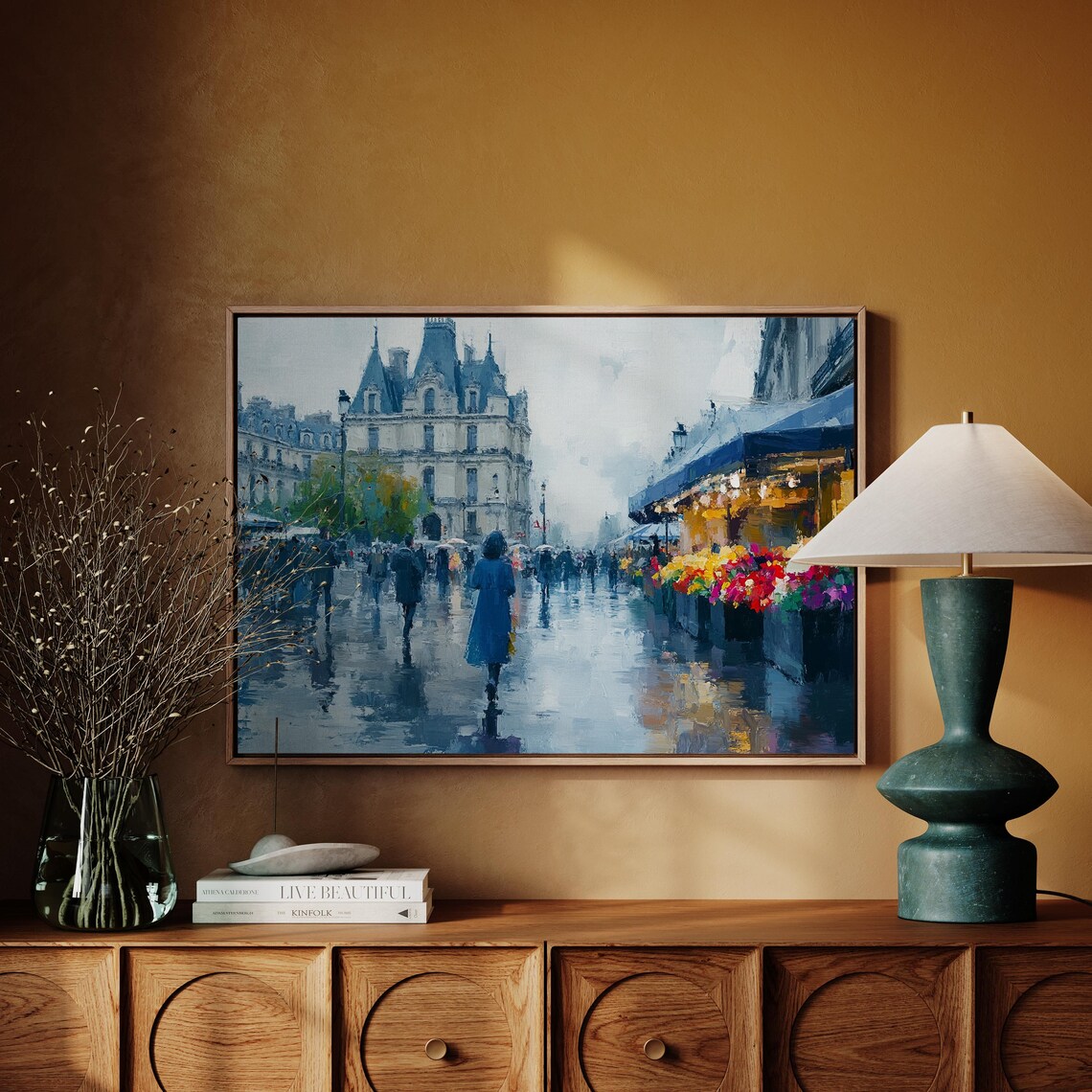 Rainy Day in Paris, Vibrant Flower Market Cityscape