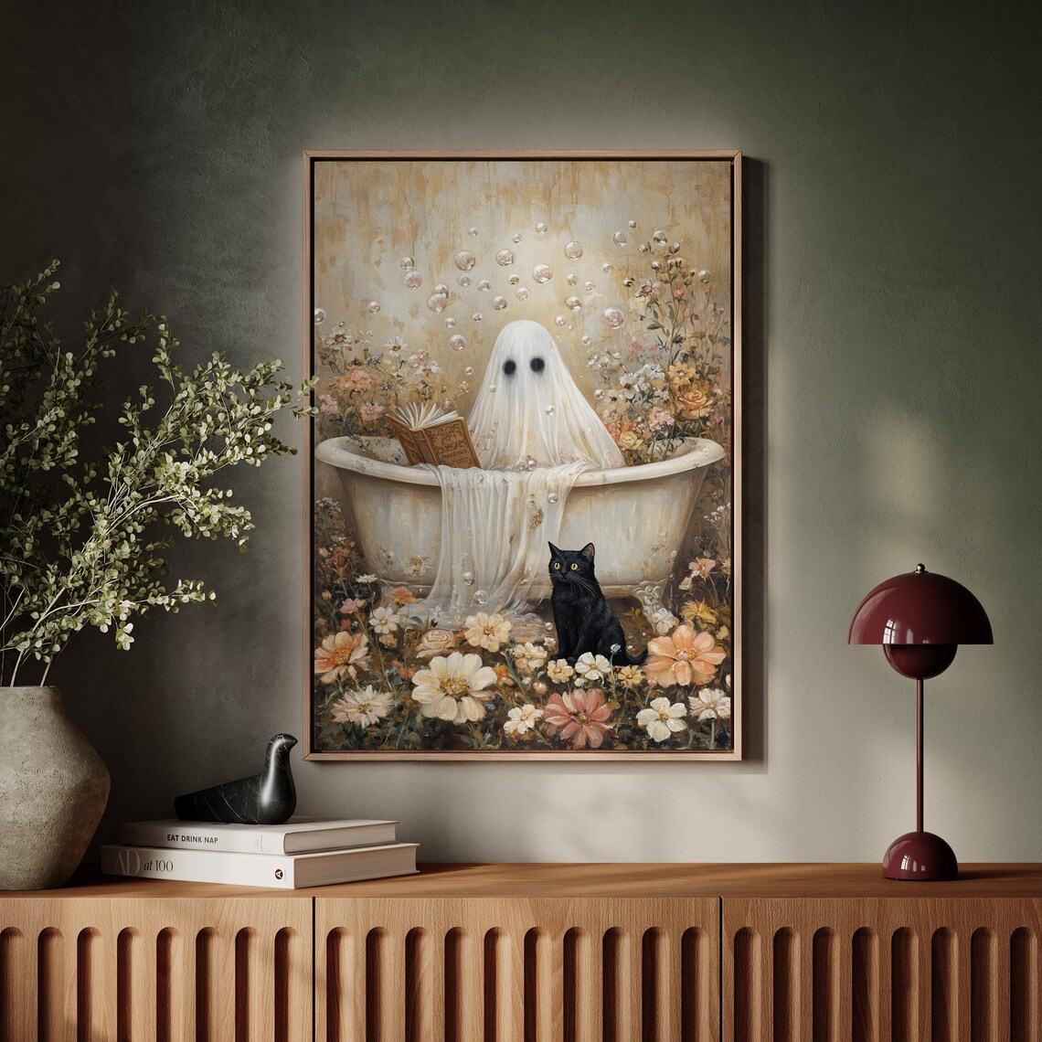 Whimsical Ghost Reading In Vintage Bathtub Floral Cat Halloween Poster - Image 4