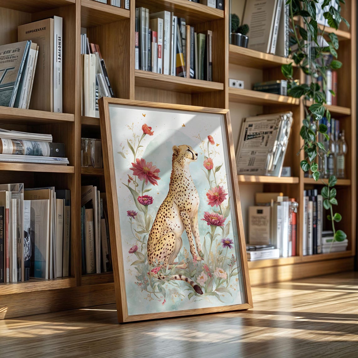 Cheetah Sitting Among Blooming Wildflowers Botanical Art Poster