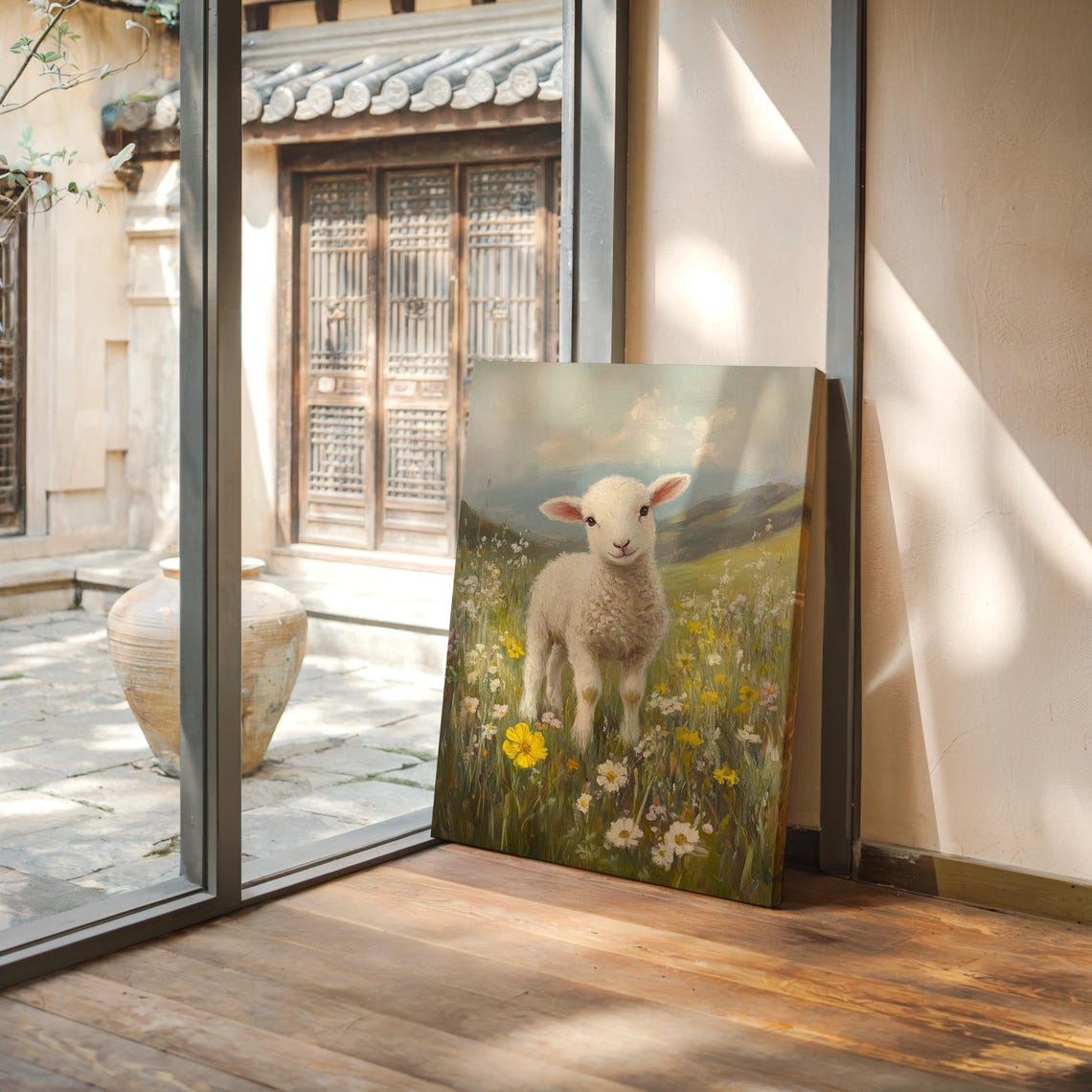 Whimsical Lamb In Wildflower Meadow Mountain Hills Spring Poster - Image 5