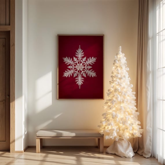 Elegant Silver Snowflake On Red Velvet Christmas Holiday Poster