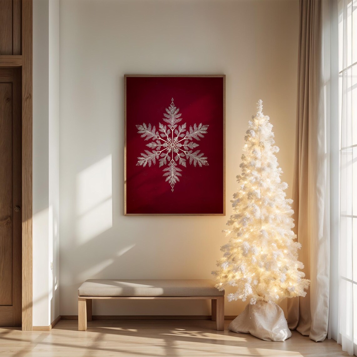 Elegant Silver Snowflake On Red Velvet Christmas Holiday Poster