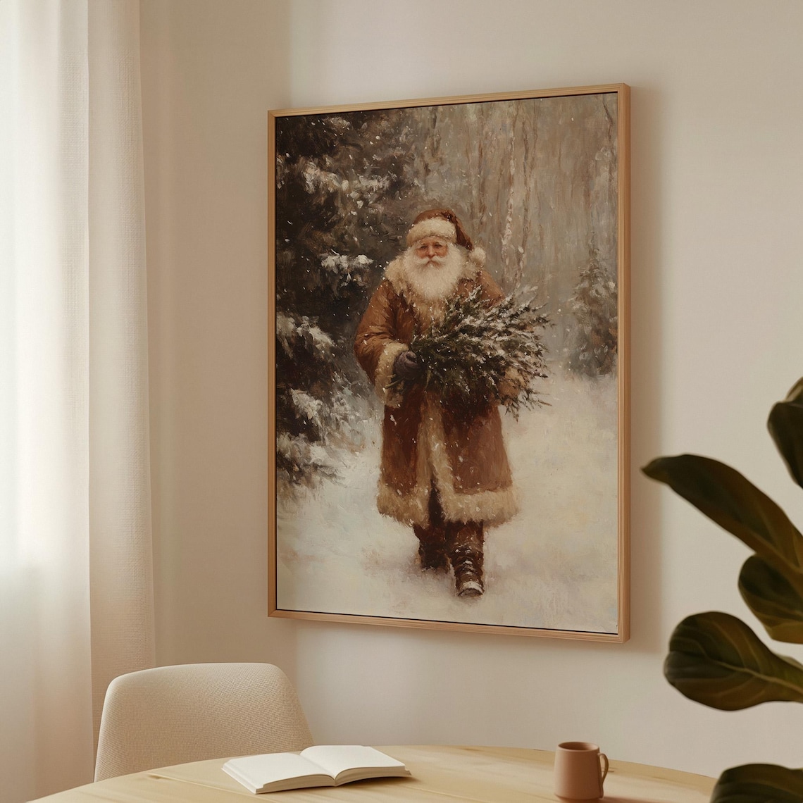 Vintage Santa Brown Fur Coat Snowy Woods Christmas Eve Poster - Image 3