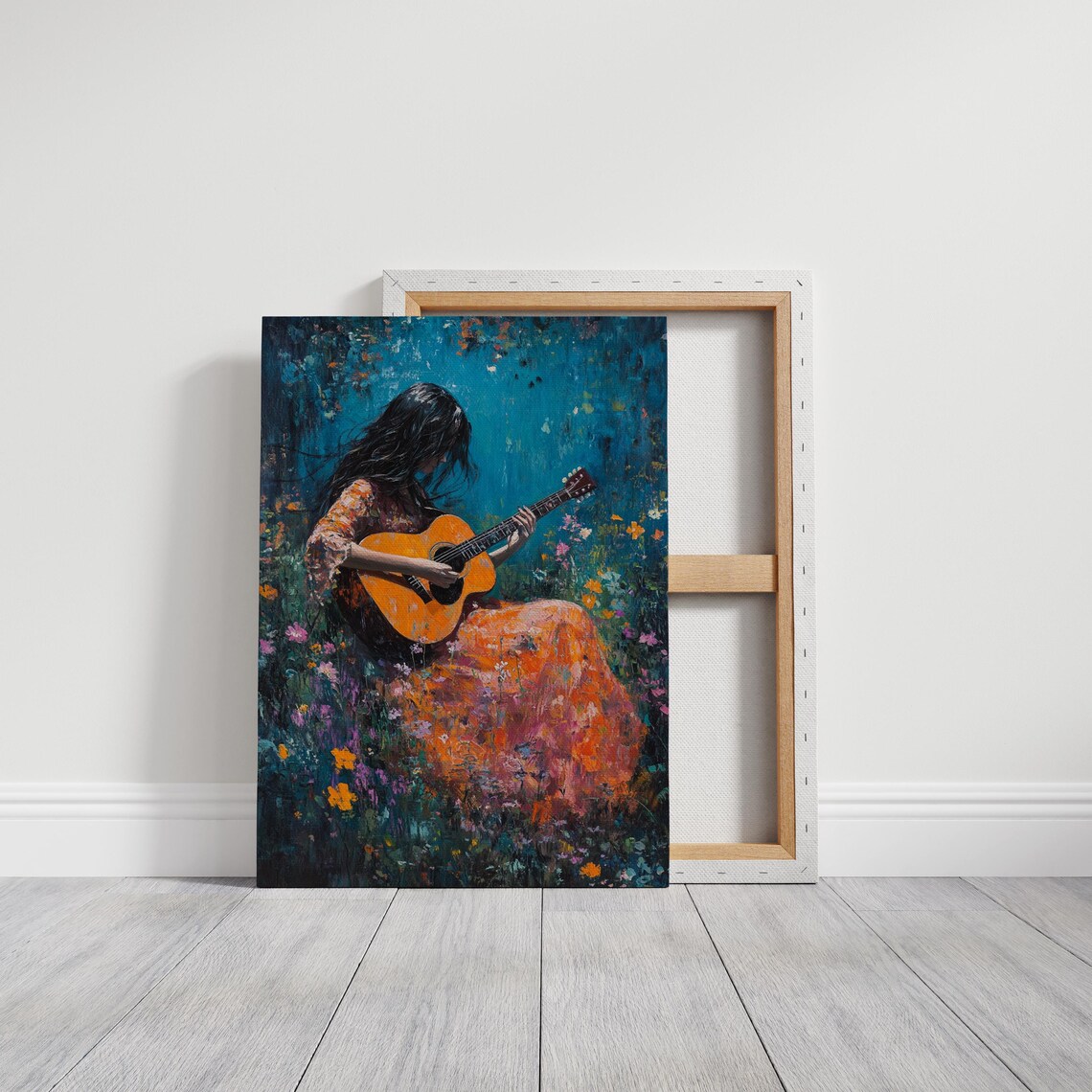 Woman Playing Acoustic Guitar in a Vibrant Wildflower Field Poster - Image 3