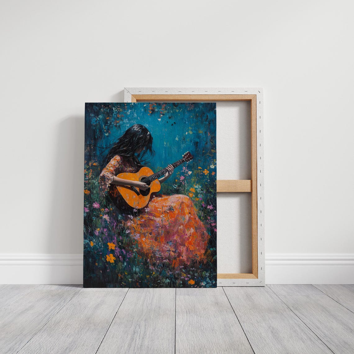 Woman Playing Guitar In Colorful Flower Field Bohemian Oil Painting Wall Art With Textured Brush Strokes And Vibrant Nature Scene - Image 3