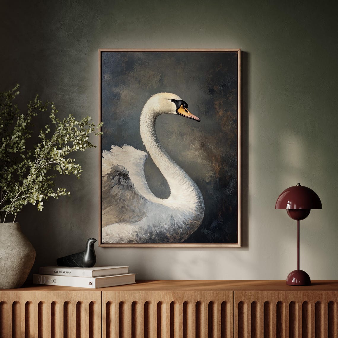 Elegant White Swan Portrait On Moody Dark Background Wall Art