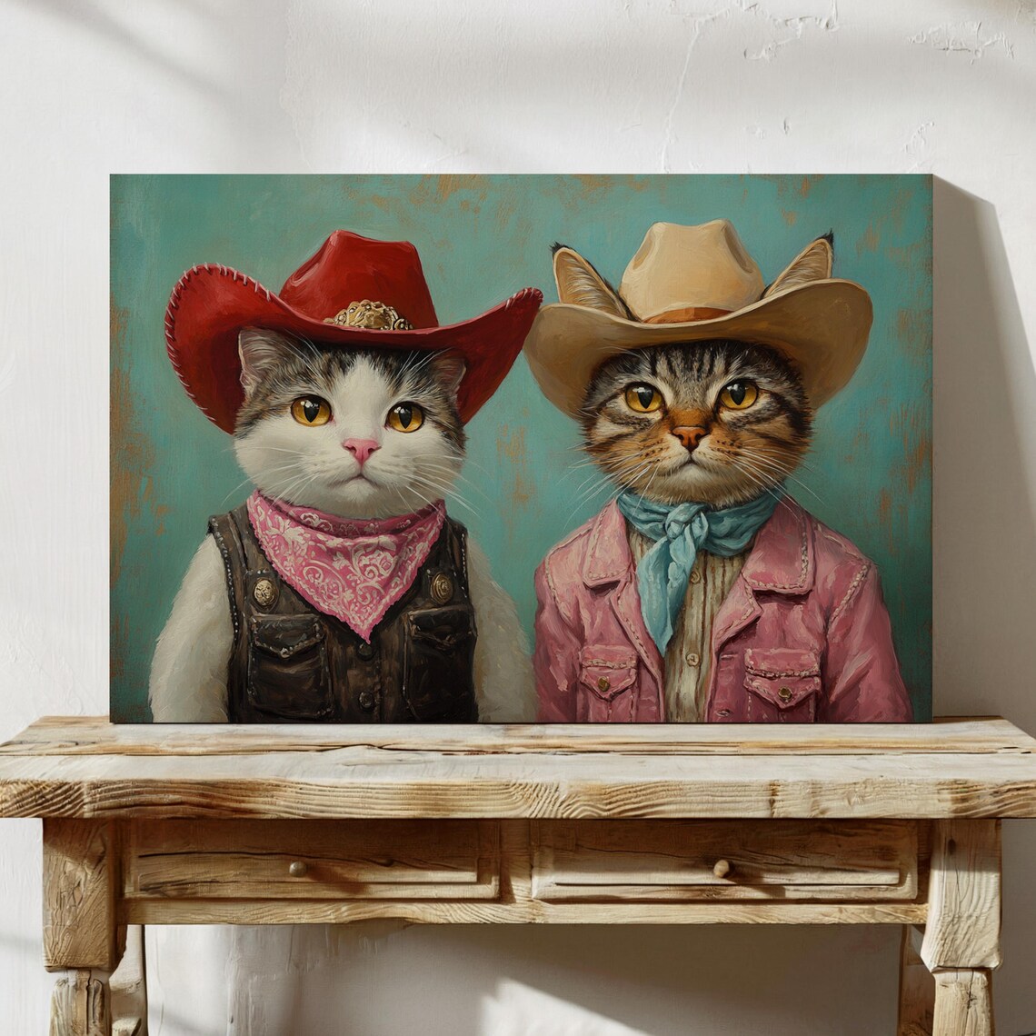 Cowboy Cat Duo In Western Hats Vintage Feline Painting Wall Art - Image 5