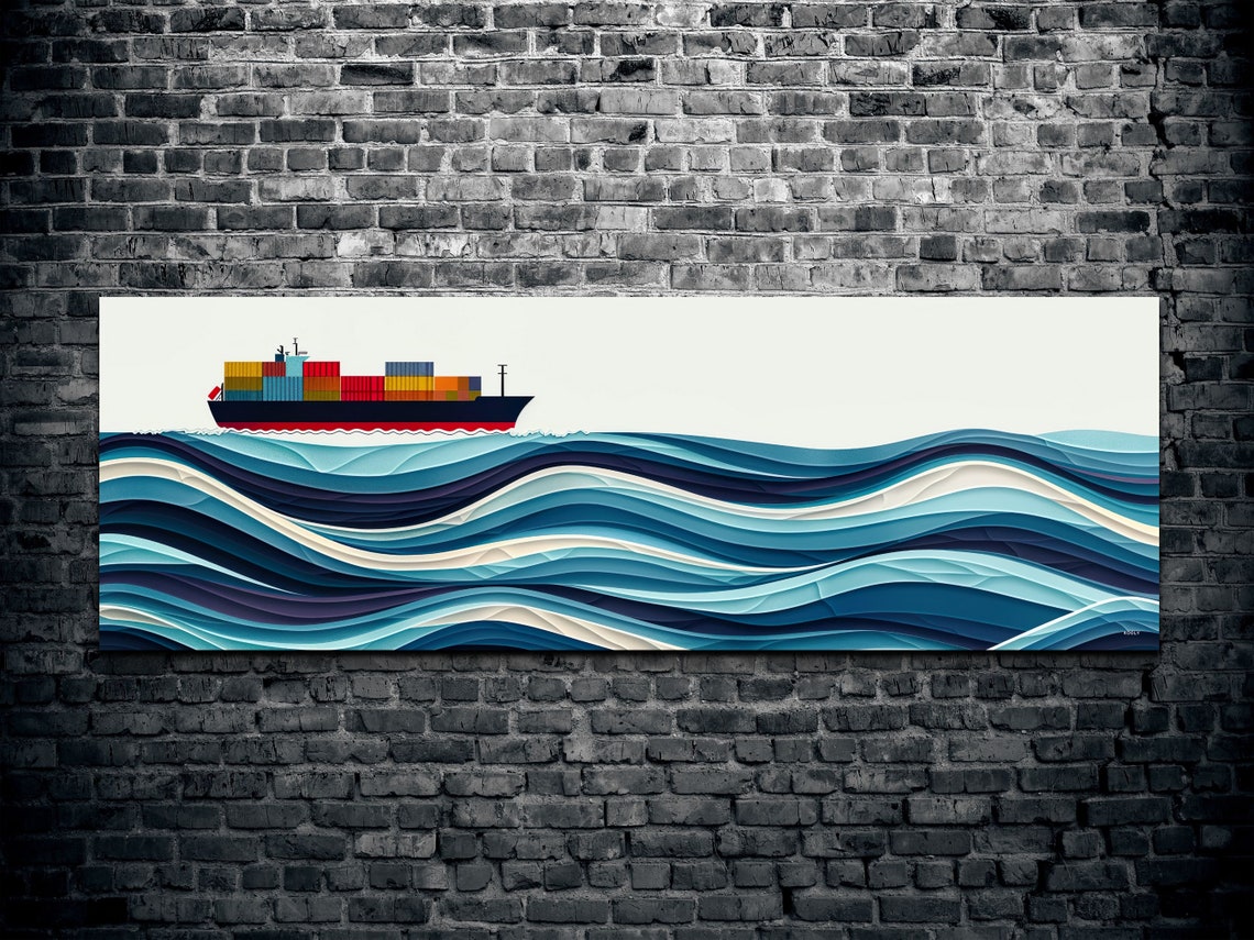 Minimalist Panoramic Cargo Ship On Layered Blue Ocean Waves Poster - Image 2