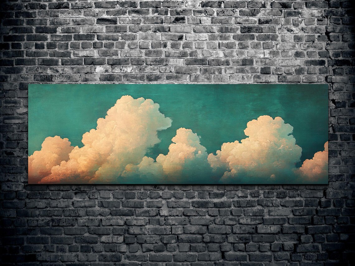 Golden Cumulus Clouds on Teal Sky Sunset Panoramic Art Poster - Image 2