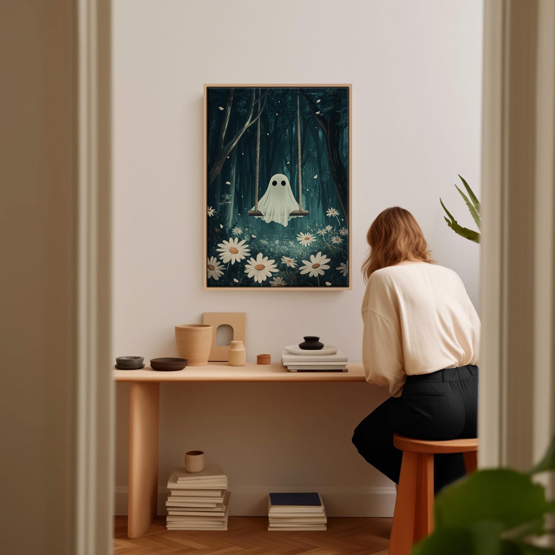 Cute Ghost On Swing In Dark Forest With White Daisies Wall Art - Image 2