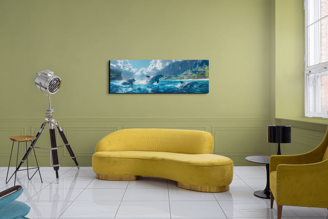 Dolphins Leaping in Turquoise Water Beside a Mountain Coast Poster - Image 5