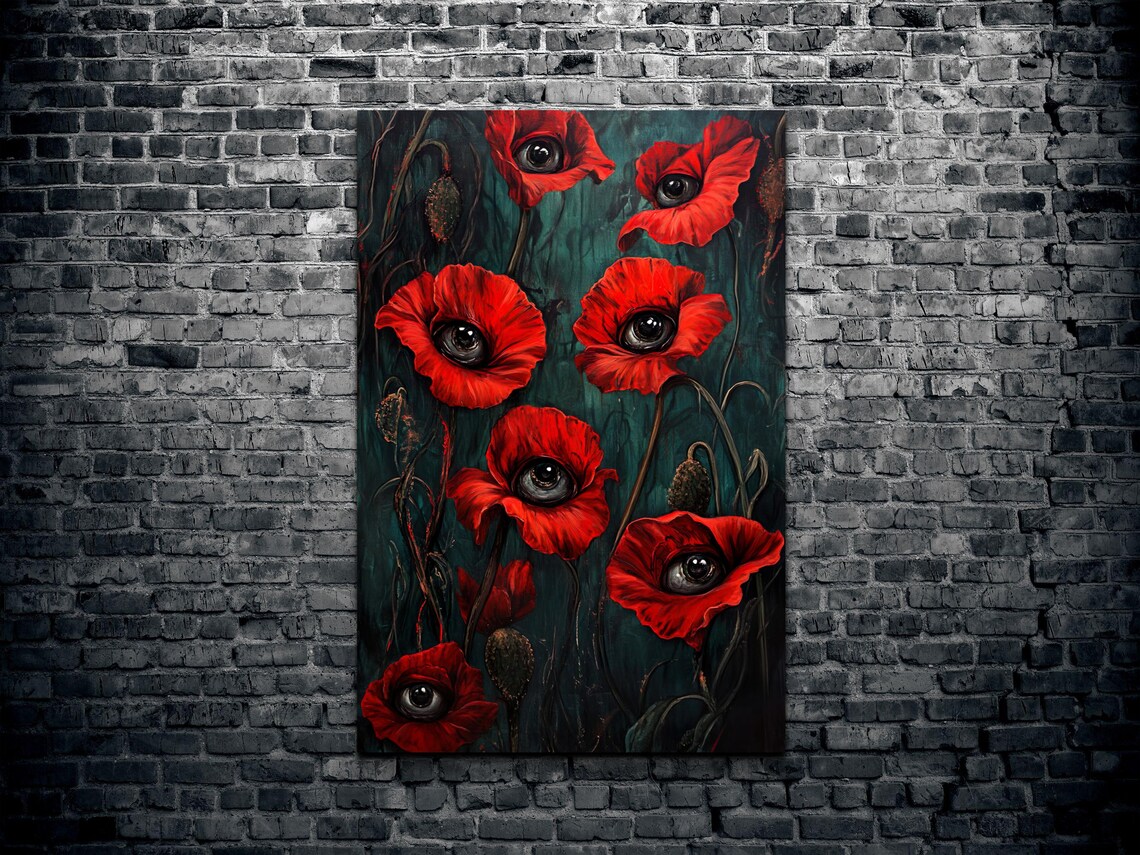 Red Poppies With Watchful Eyes Surreal Dark Floral Art Poster - Image 2