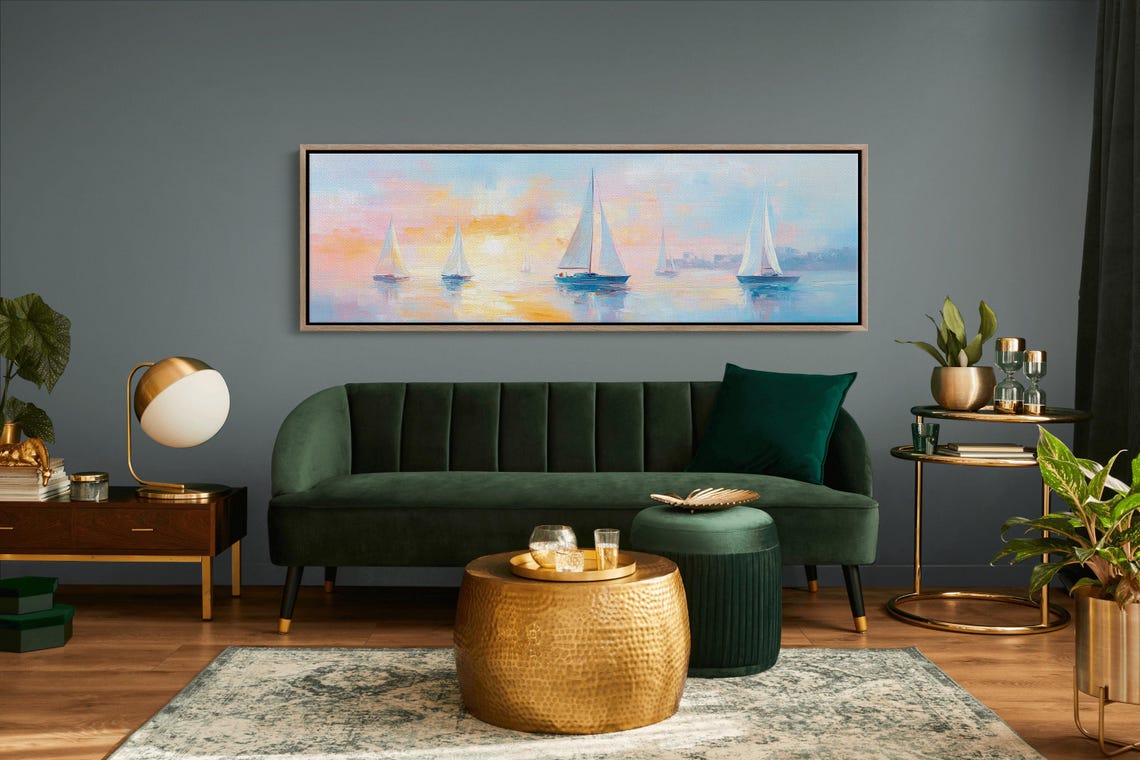 White Sailboats Pastel Sunset Sea Panoramic Sailing Coastal Poster - Image 4