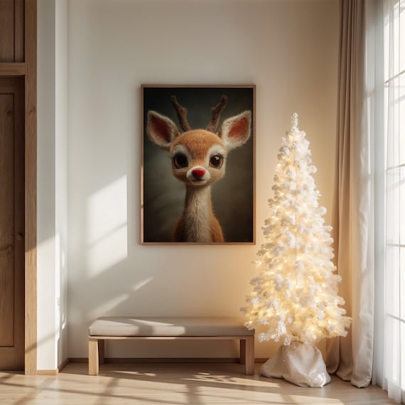 Cute Baby Reindeer With Red Nose Sweet Christmas Portrait Painting Poster