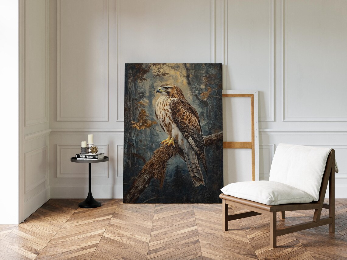 Hawk Perched on Branch in Misty Autumn Forest Wildlife Art Poster - Image 4