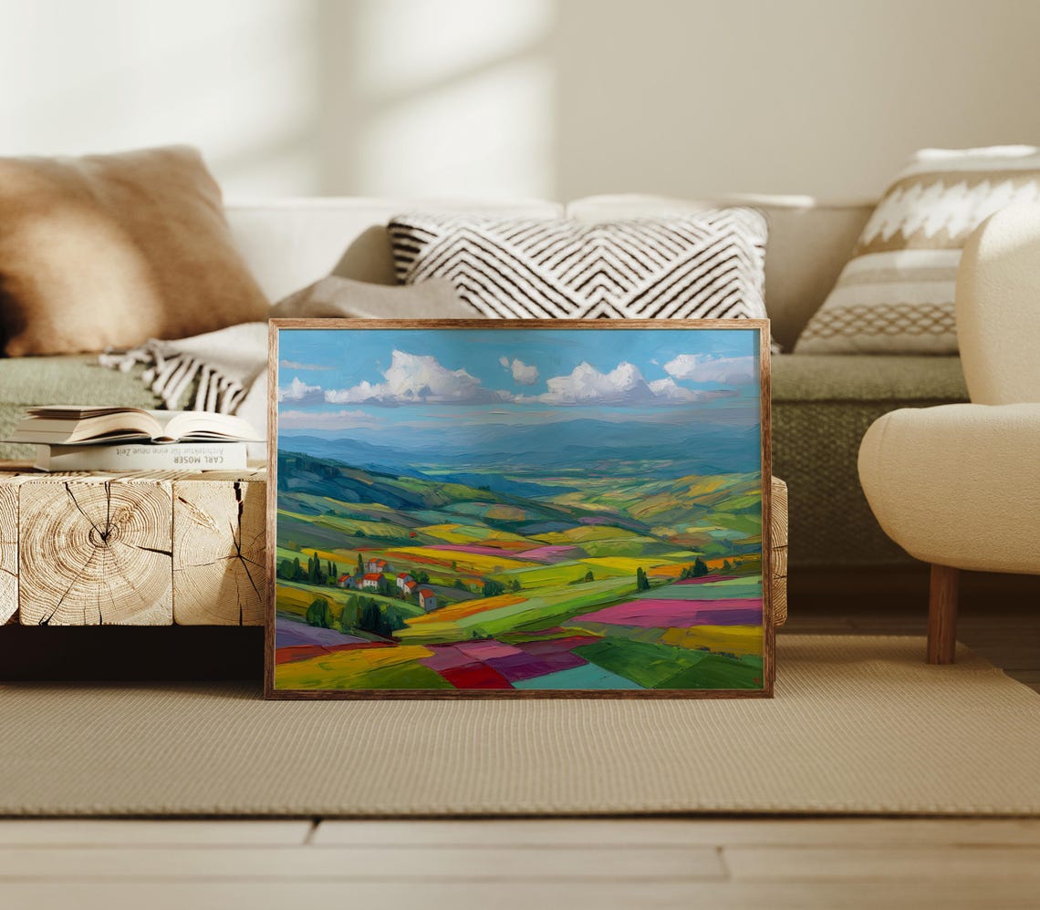 Colorful Patchwork Fields Village And Mountain Valley Poster