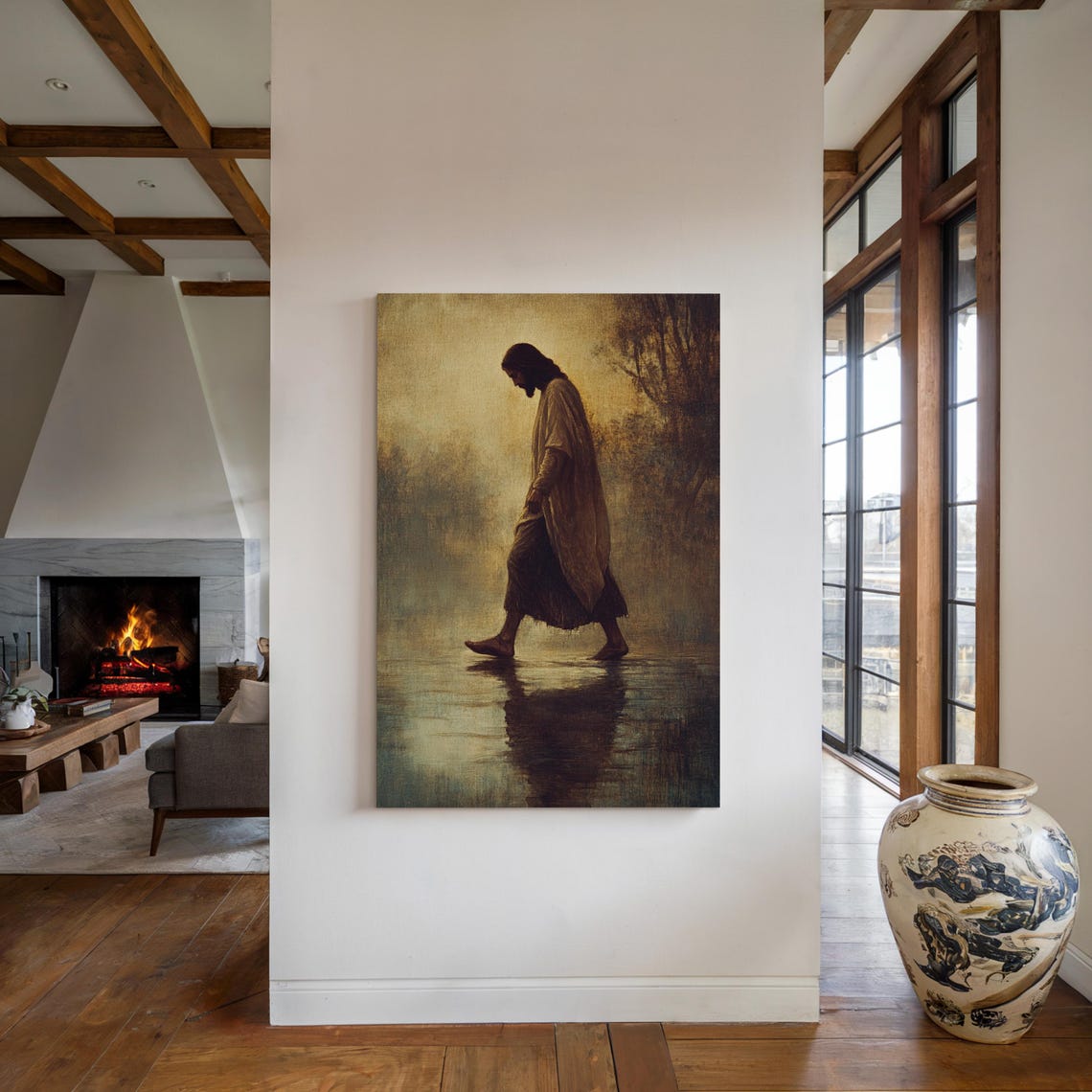 Jesus Walking on Water in Soft Misty Sepia Toned Light Poster - Image 3