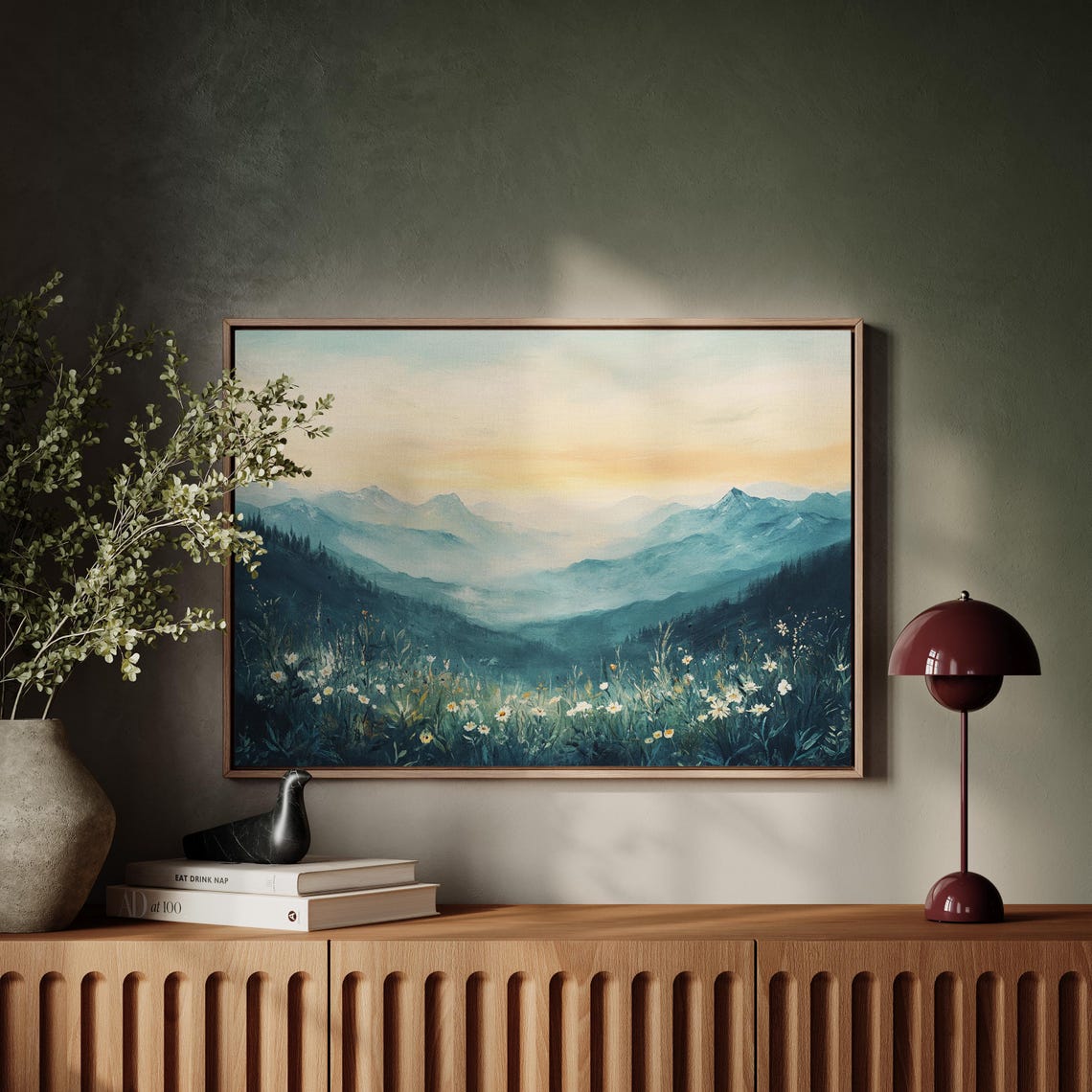 Serene Mountain Valley With Wildflowers Soft Watercolor Art Poster - Image 4