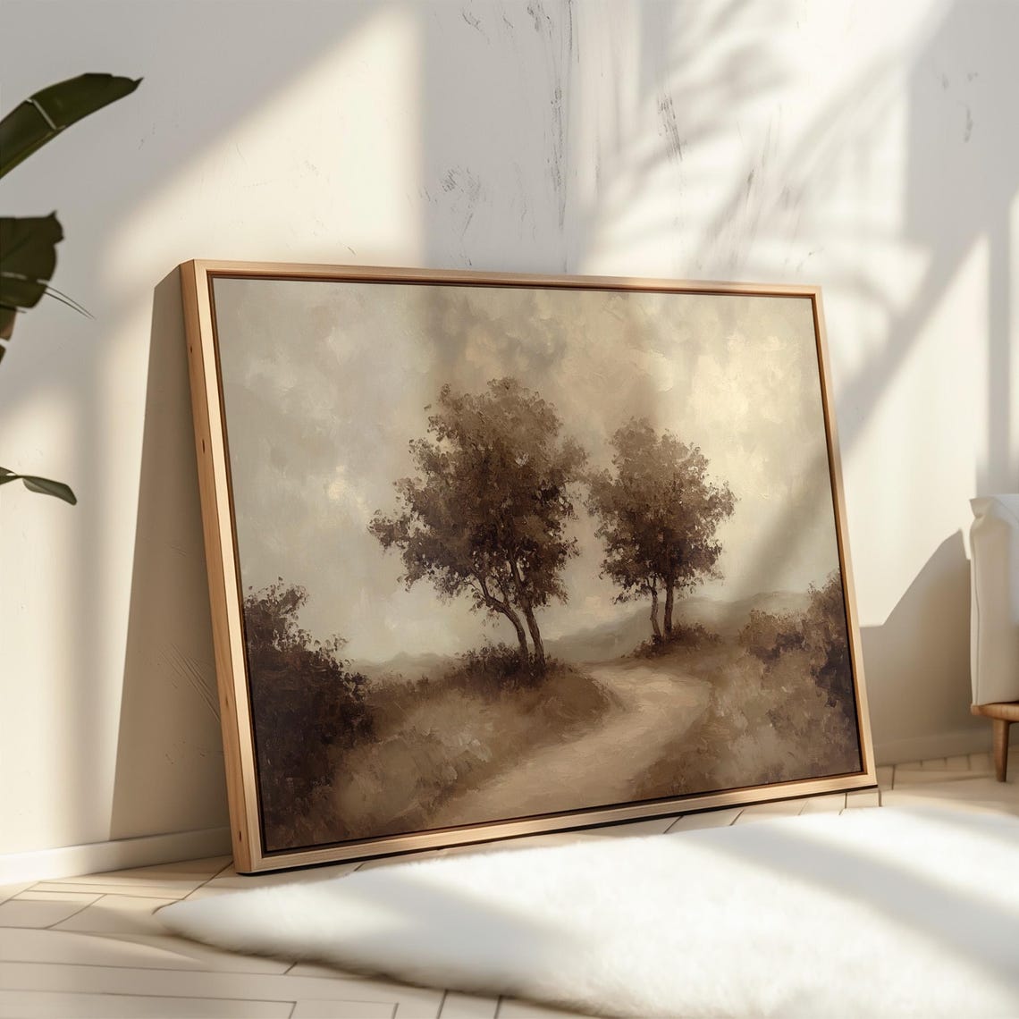 Two Trees Beside a Misty Winding Path Muted Landscape Poster - Image 2