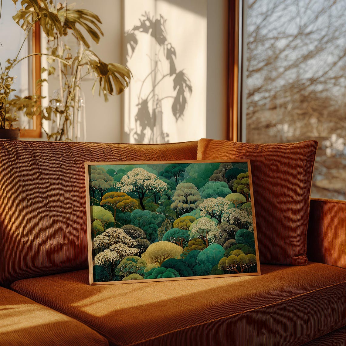 Whispering Forest in Emerald Hues Blossom Treetops Nature Art Poster