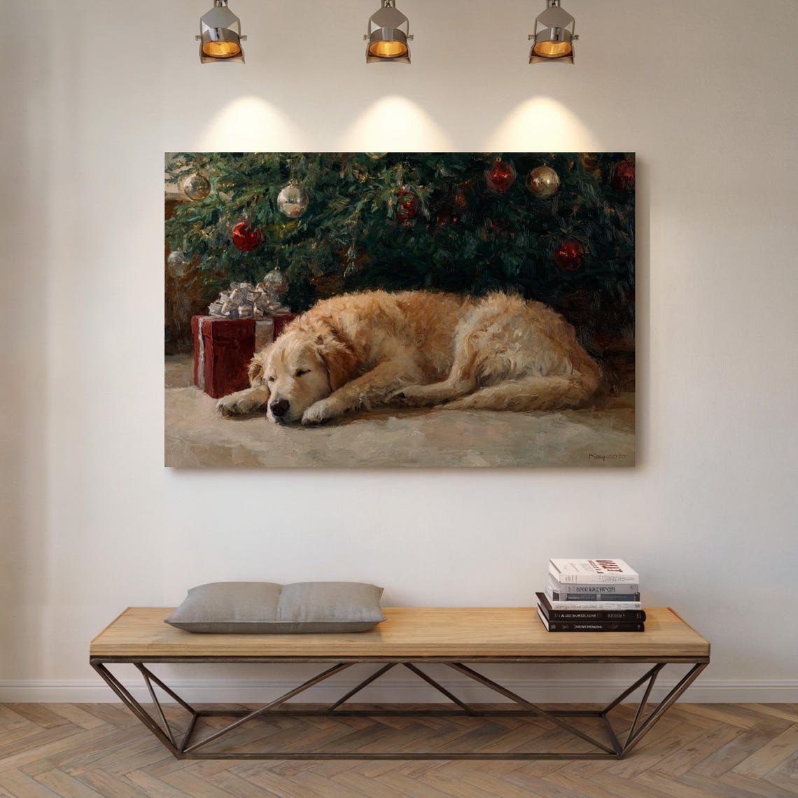 Golden Retriever Sleeping Under Christmas Tree Oil Painting Poster