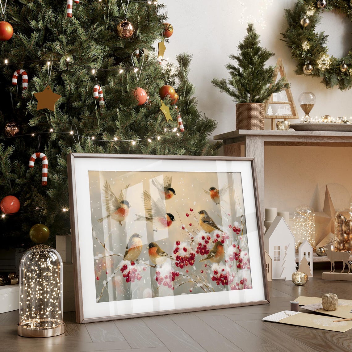 Winter Birds Among Snowy Red Berries Wall Art Holiday Bird Scene