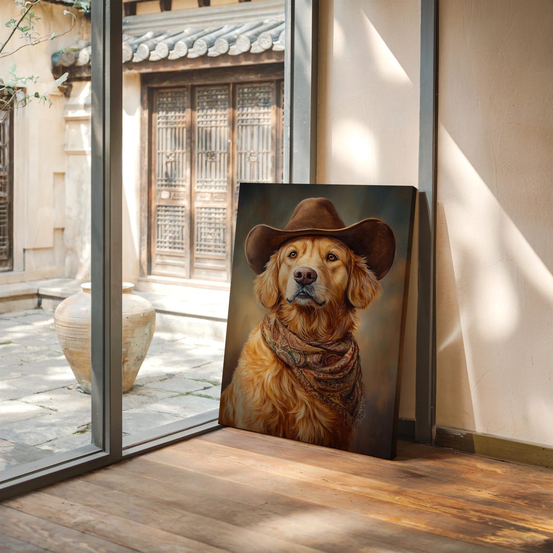 Golden Retriever Cowboy Blue Backdrop Western Dog Portrait Poster - Image 5