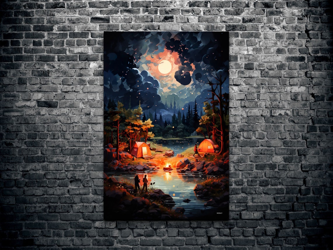 Night Camping By The Lake Under Full Moon Tents Campfire Poster - Image 2