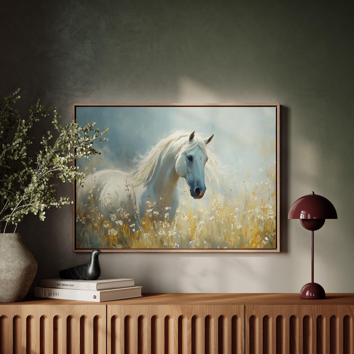 Elegant White Horse In Wildflower Meadow Art Print - Image 4