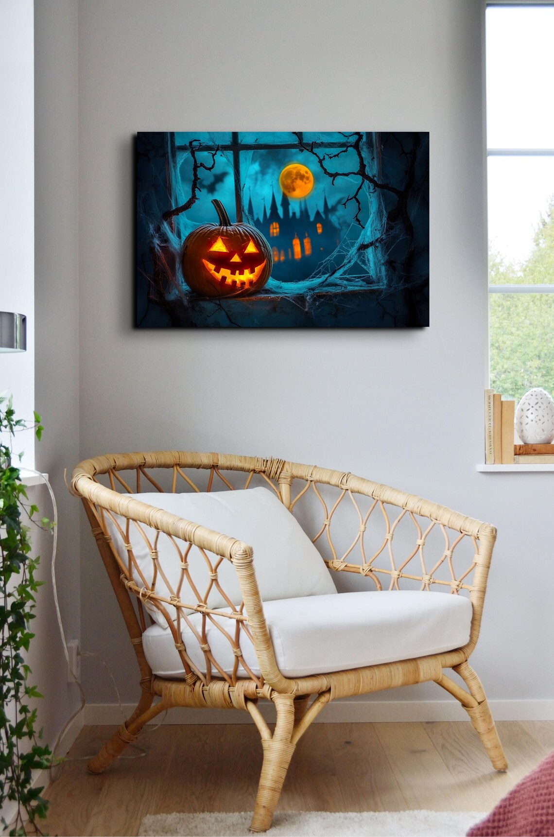 Jack O Lantern Glowing on Window Ledge Under a Teal Moonlit Night Poster - Image 6
