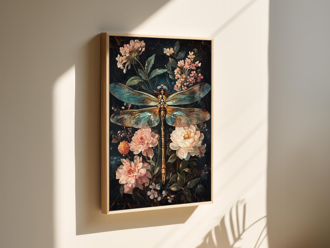 Dragonfly and Blooming Peonies Botanical Art Print - Image 2